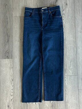 FRAME Le Sleek Straight Jeans Womens 27 Blue High Rise Crop Raw Hem Stretch